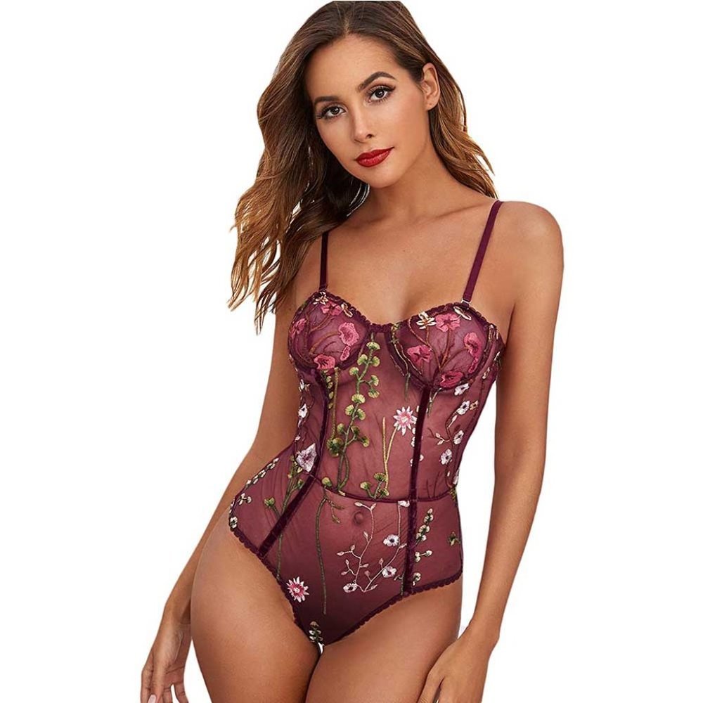 Pola's Embroidered Sheer Bodysuit Burgundy